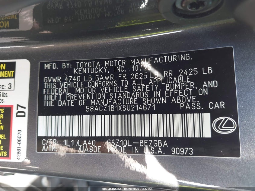 2025 Lexus ES VIN 58ACZ1B1XSU214671 IAAI salvage auction — REAR END, Salvage (California), sold $18,300 on 2026-07-28 (photo 9)