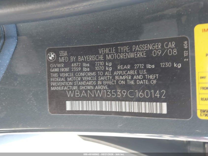 2009 BMW 5er VIN WBANW13539C160142 IAAI salvage auction — FRONT END, Salvage (California), sold $1,200 on 2026-07-06 (photo 9)