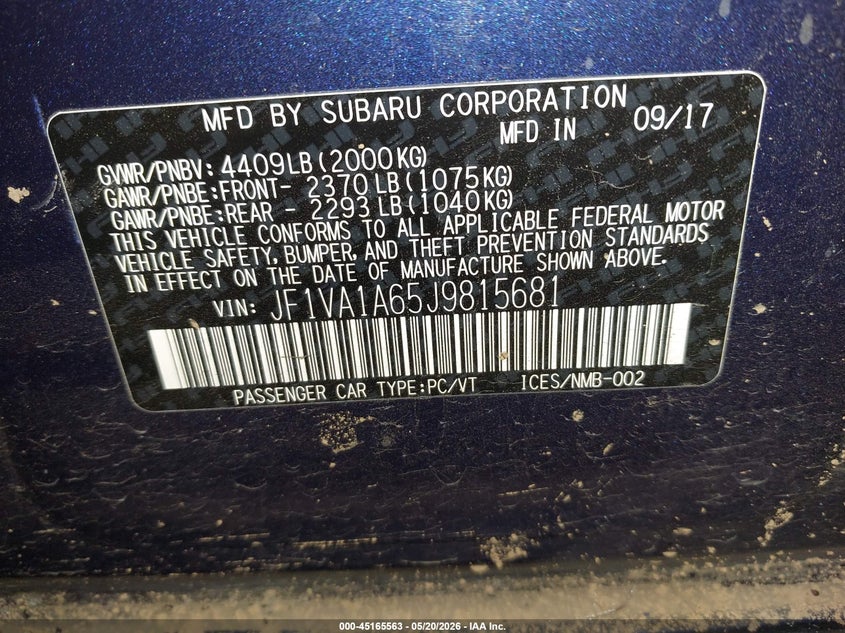 2018 Subaru Wrx VIN JF1VA1A65J9815681 IAAI salvage auction — ROLLOVER, Salvage Title, sold $125 on 2026-07-30 (photo 9)