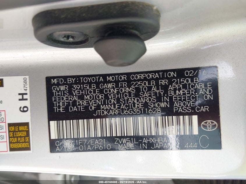 2016 Toyota Prius VIN JTDKARFU6G3511628 IAAI salvage auction — FRONT END, Original (Texas), sold $6,500 on 2026-07-08 (photo 9)