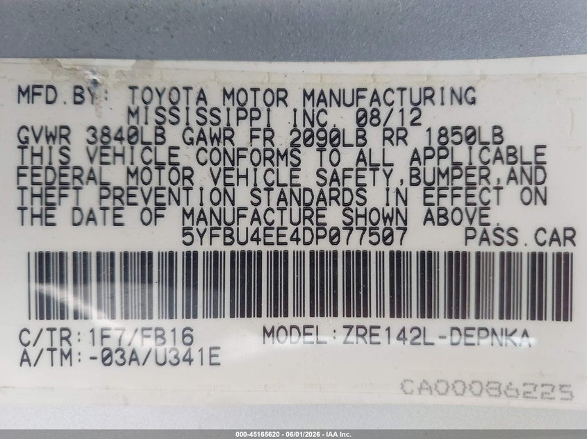 2013 Toyota Corolla VIN 5YFBU4EE4DP077507 IAAI salvage auction — SIDE, Prior Salvage (Minnesota), sold $875 on 2026-07-25 (photo 9)