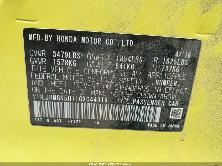 2016 Honda Fit VIN JHMGK5H71GX044919 IAAI salvage auction — FRONT END, Salvage (California), sold $1,800 on 2026-07-08 (photo 9)