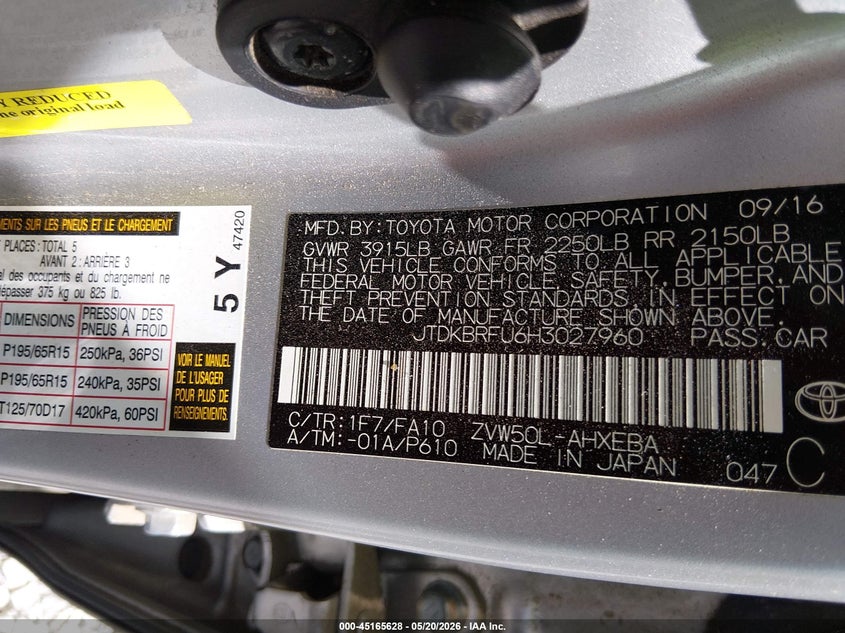 2017 Toyota Prius VIN JTDKBRFU6H3027960 IAAI salvage auction — FRONT END, Salvage (Alabama), sold $2,700 on 2026-07-09 (photo 9)