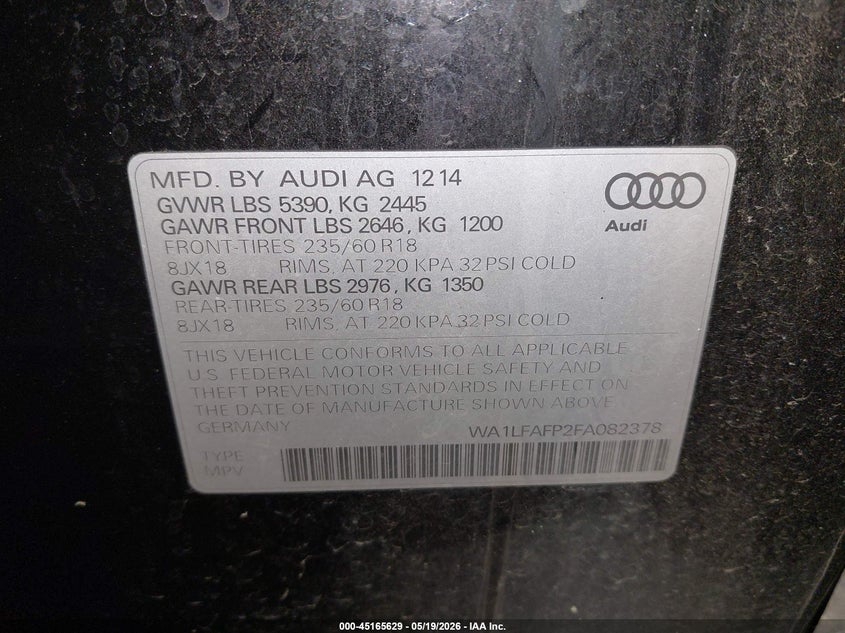 2015 Audi Q5 VIN WA1LFAFP2FA082378 IAAI salvage auction — FRONT END, Salvage (Oregon), sold $2,325 on 2026-09-08 (photo 9)