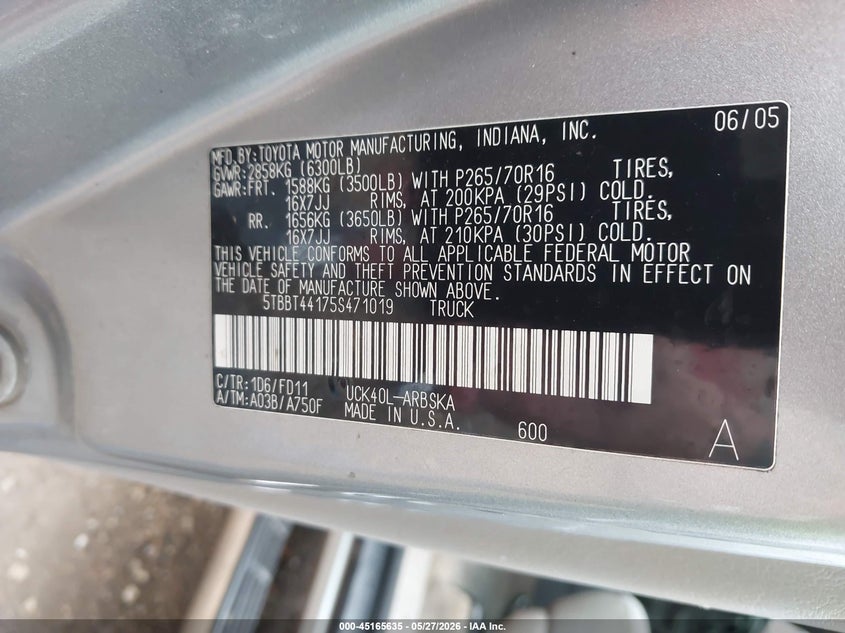 2005 Toyota Tundra VIN 5TBBT44175S471019 IAAI salvage auction — FRONT END, Salvage - Greater Than 75% (Maryland), sold $2,250 on 2026-08-02 (photo 9)
