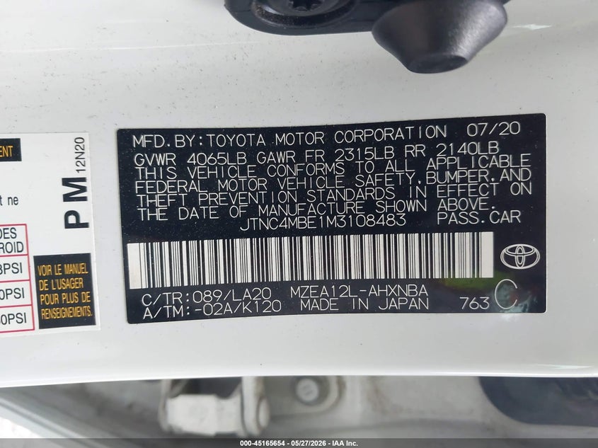 2021 Toyota Corolla VIN JTNC4MBE1M3108483 IAAI salvage auction — FRONT END, Salvage Title, sold $4,950 on 2026-07-22 (photo 9)