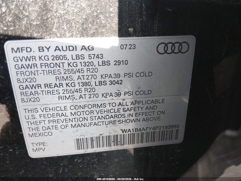 2023 Audi Sq5 VIN WA1B4AFY4P2193956 IAAI salvage auction — REAR END, Salvage - 75% Or Less (Maryland), sold $17,500 on 2026-07-29 (photo 9)