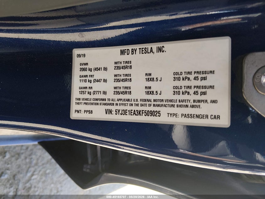 2019 Tesla Model 3 VIN 5YJ3E1EA3KF509025 IAAI salvage auction — FRONT END, Salvage (California), sold $4,900 on 2026-07-22 (photo 9)