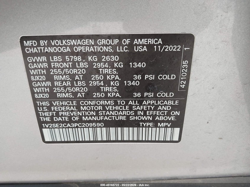 2023 Volkswagen Atlas cross sport VIN 1V2SE2CA3PC209590 IAAI salvage auction — RIGHT FRONT, Salvage (Texas), sold $12,500 on 2026-07-13 (photo 9)