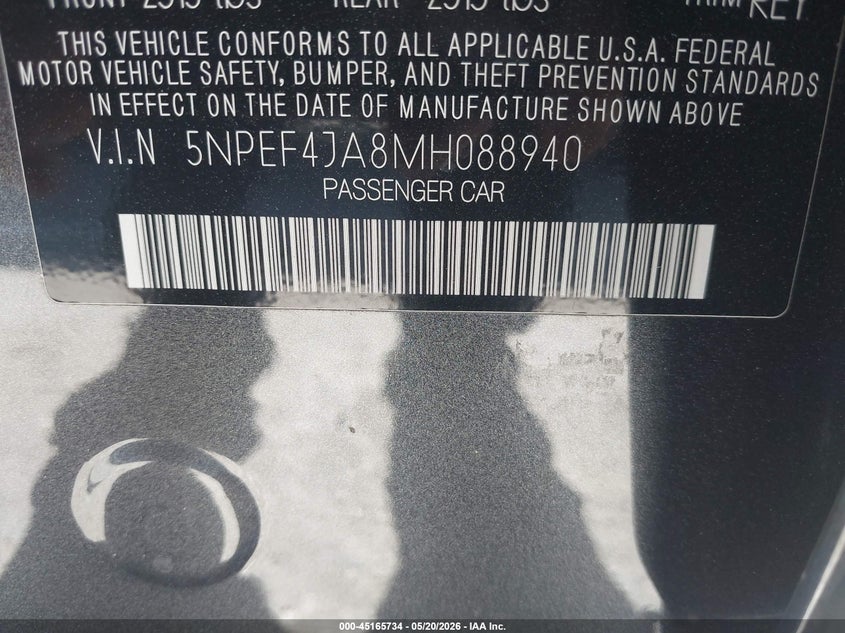 2021 Hyundai Sonata VIN 5NPEF4JA8MH088940 IAAI salvage auction — LEFT REAR, Salvage (California), sold $3,450 on 2026-07-15 (photo 9)