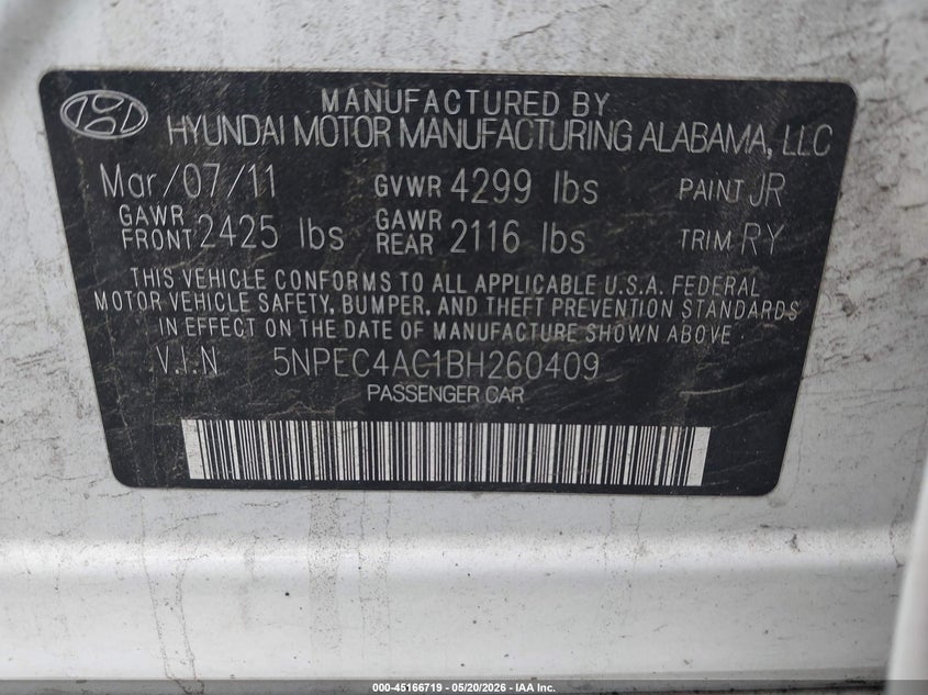 2011 Hyundai Sonata VIN 5NPEC4AC1BH260409 IAAI salvage auction — FRONT END, Salvage (Ohio), sold $675 on 2026-07-07 (photo 9)