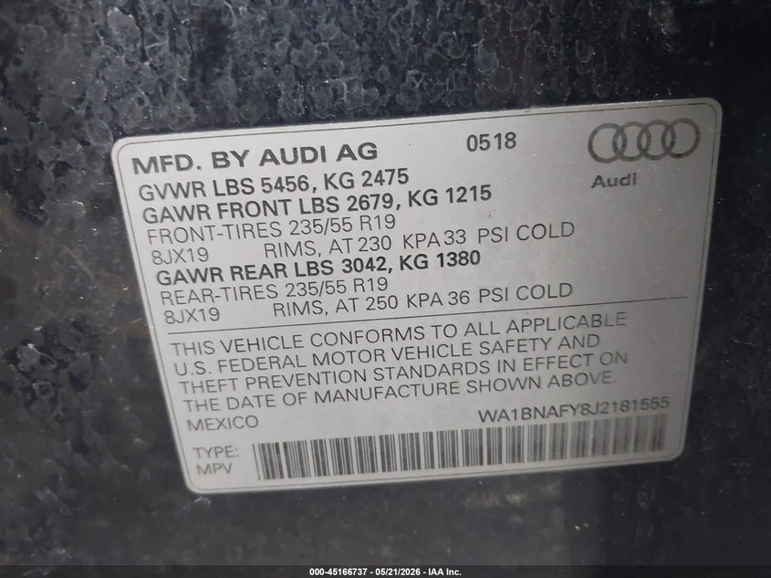2018 Audi Q5 VIN WA1BNAFY8J2181555 IAAI salvage auction — FRONT END, Salvage (Virginia), sold $5,000 on 2026-07-10 (photo 9)