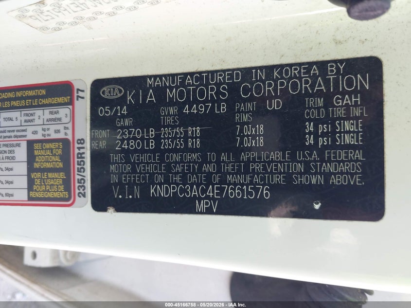 2014 Kia Sportage VIN KNDPC3AC4E7661576 IAAI salvage auction — ALL OVER, Salvage (Georgia), sold $2,100 on 2026-07-14 (photo 9)