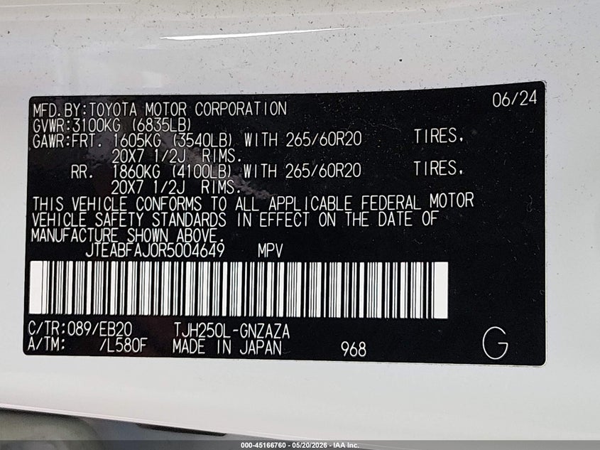 2024 Toyota Land cruiser VIN JTEABFAJ0R5004649 IAAI salvage auction — FRONT END, Rebuildable (Florida), sold $26,950 on 2026-07-30 (photo 9)