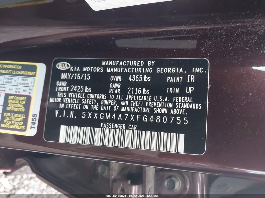 2015 Kia Optima VIN 5XXGM4A7XFG480755 IAAI salvage auction — REAR END, Salvage (South Carolina), sold $575 on 2026-07-28 (photo 9)