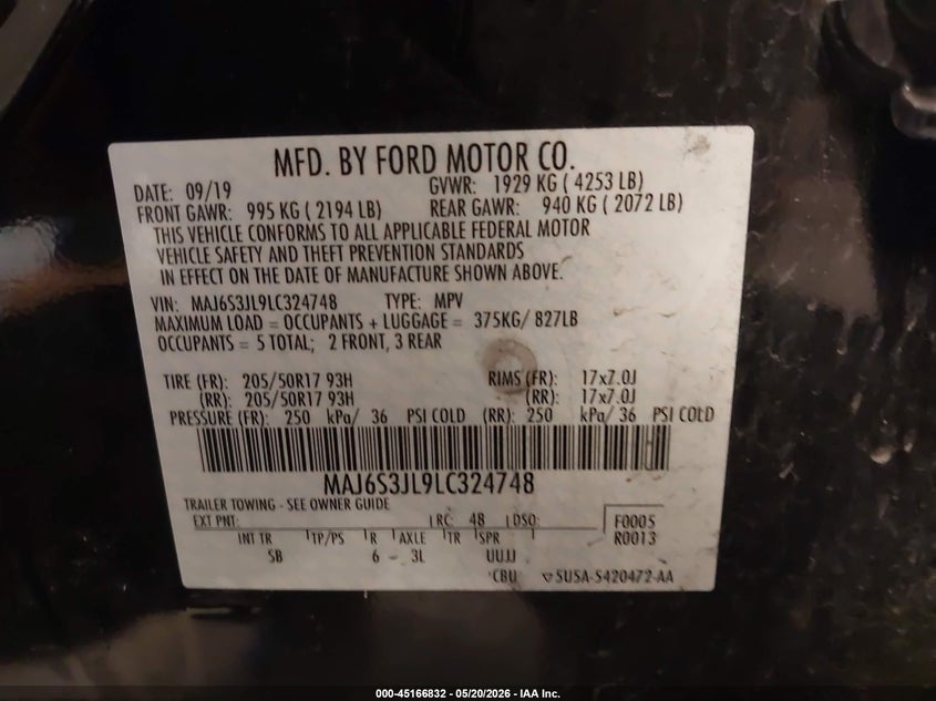 2020 Ford Ecosport VIN MAJ6S3JL9LC324748 IAAI salvage auction — FRONT & REAR, Clear (Michigan), sold $1,800 on 2026-07-14 (photo 9)