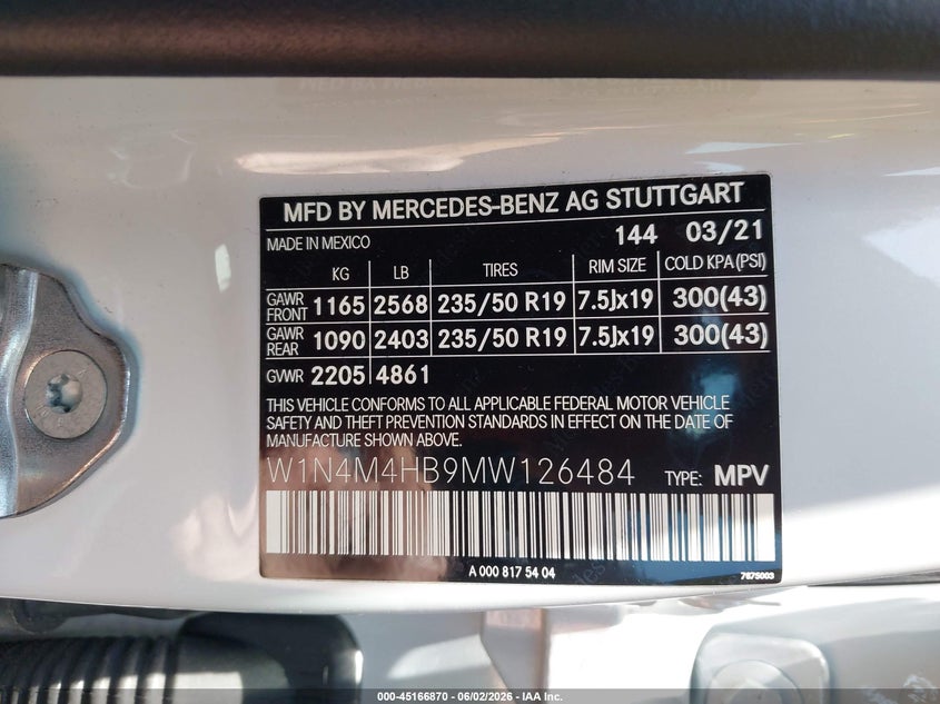 2021 Mercedes-benz Glb VIN W1N4M4HB9MW126484 IAAI salvage auction — FRONT END, Salvage Title, sold $13,000 on 2026-07-23 (photo 9)