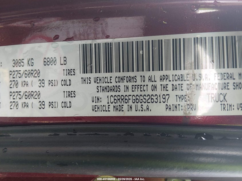 2016 Ram 1500 VIN 1C6RR6FG6GS263197 IAAI salvage auction — FRONT END, Salvage Title, sold $1,500 on 2026-07-18 (photo 9)