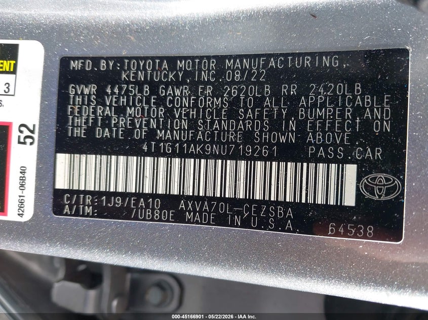 2022 Toyota Camry VIN 4T1G11AK9NU719261 IAAI salvage auction — REAR END, Salvage (Oregon), sold $12,800 on 2026-07-09 (photo 9)