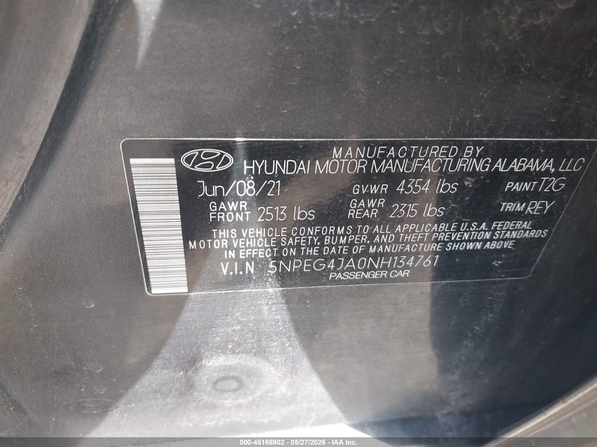2022 Hyundai Sonata VIN 5NPEG4JA0NH134761 IAAI salvage auction — RIGHT REAR, Salvage Title, sold $3,850 on 2026-07-07 (photo 9)