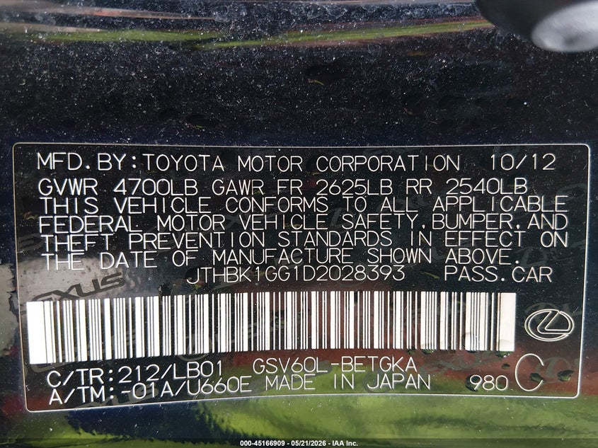 2013 Lexus VIN JTHBK1GG1D2028393 IAAI salvage auction — FRONT END, Salvage (Tennessee), sold $1,300 on 2026-07-16 (photo 9)