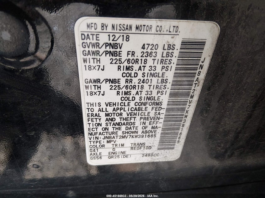 2019 Nissan Rogue VIN JN8AT2MV7KW391665 IAAI salvage auction — FRONT END, Salvage (West Virginia), sold $3,950 on 2026-07-29 (photo 9)