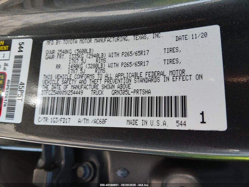 2021 Toyota Tacoma VIN 5TFCZ5ANXMX254449 IAAI salvage auction — ROLLOVER, Salvage (North Carolina), sold $8,700 on 2026-07-29 (photo 9)