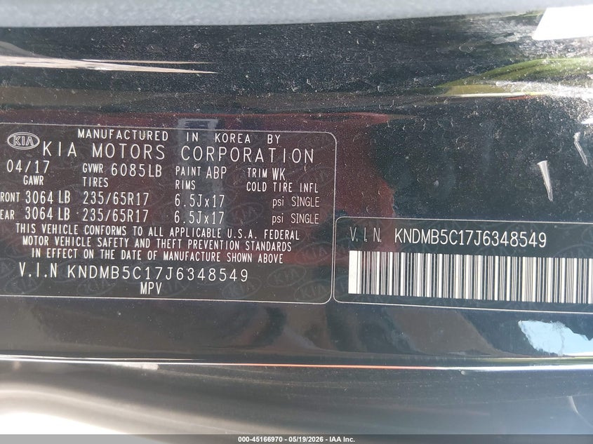 2018 Kia SEDONA VIN KNDMB5C17J6348549 IAAI salvage auction — LEFT FRONT, Salvage (Tennessee), sold $25 on 2026-07-30 (photo 9)