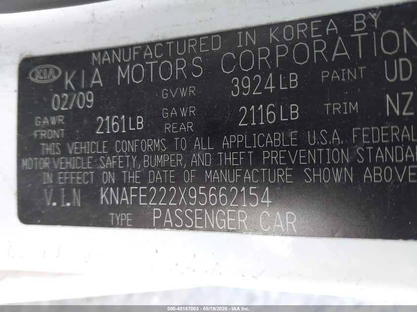 2009 Kia Spectra VIN KNAFE222X95662154 IAAI salvage auction — RIGHT REAR, Clear (Washington), sold $275 on 2026-07-14 (photo 9)