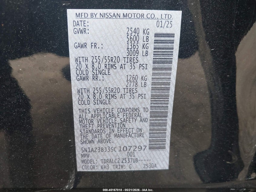 2025 Nissan Murano VIN 5N1AZ3BJ3SC107297 IAAI salvage auction — SIDE, Salvage - Greater Than 75% (Maryland), sold $8,800 on 2026-07-15 (photo 9)