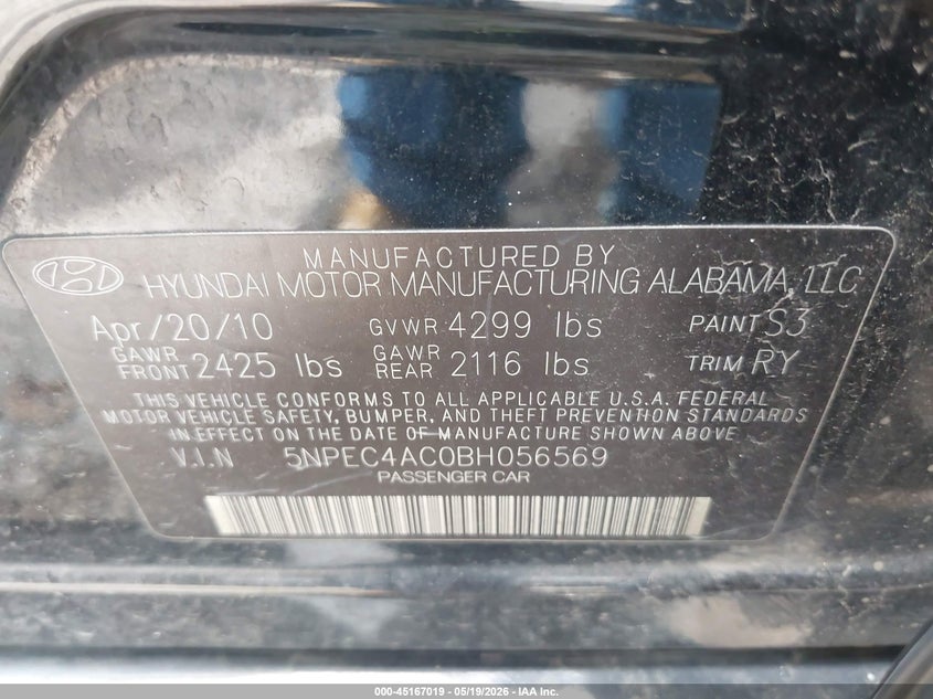 2011 Hyundai Sonata VIN 5NPEC4AC0BH056569 IAAI salvage auction — NORMAL WEAR, Clear (Indiana), sold $525 on 2026-07-15 (photo 9)