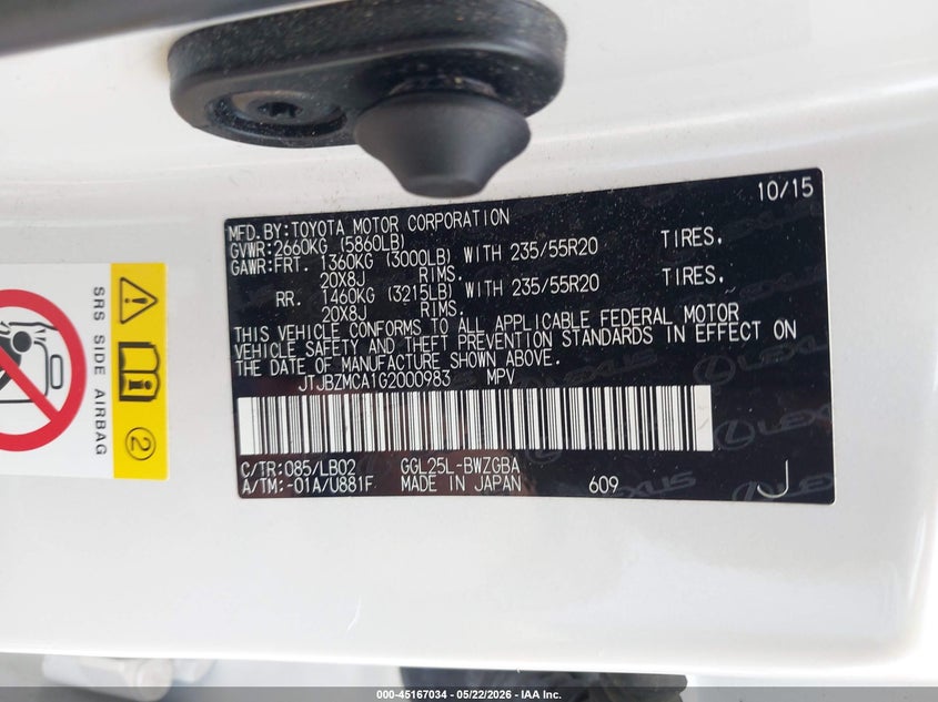 2016 Lexus Rx VIN JTJBZMCA1G2000983 IAAI salvage auction — HAIL, Clear (Missouri), sold $16,000 on 2026-07-06 (photo 9)