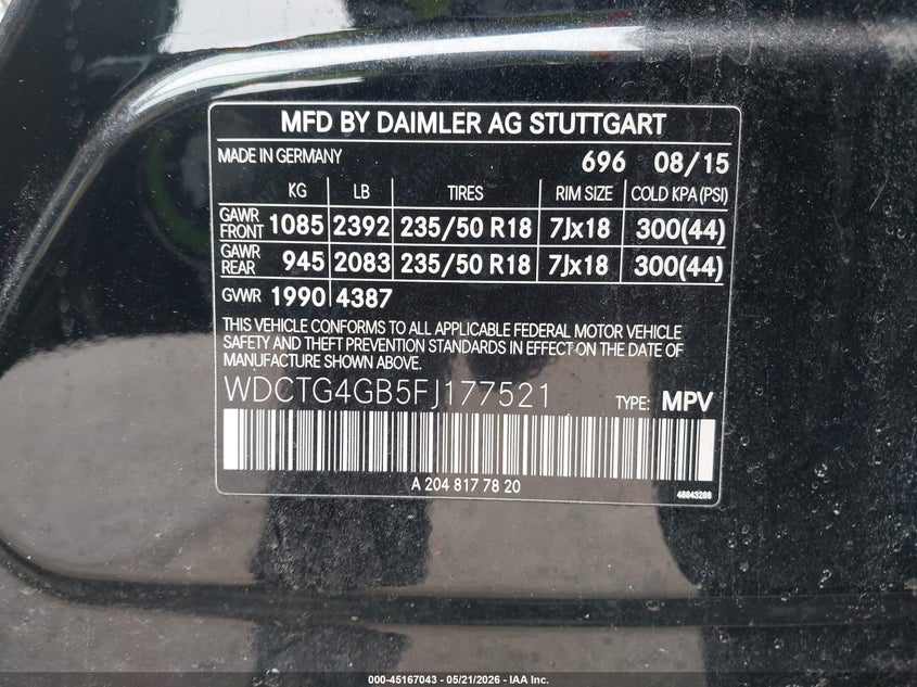 2015 Mercedes-benz Gla-klasse VIN WDCTG4GB5FJ177521 IAAI salvage auction — RIGHT SIDE, Clear (Massachusetts), sold $5,100 on 2026-07-10 (photo 9)