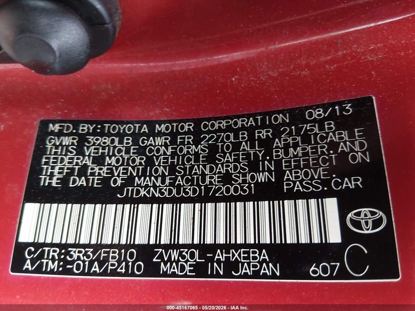 2013 Toyota Prius VIN JTDKN3DU3D1720031 IAAI salvage auction — FRONT END, Salvage (Ohio), sold $600 on 2026-07-07 (photo 9)