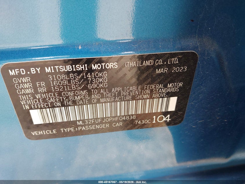2023 Mitsubishi Mirage VIN ML32FUFJ0PHF04838 IAAI salvage auction — BIOHAZARD/CHEMICAL, Salvage (Illinois), sold $600 on 2026-08-21 (photo 9)