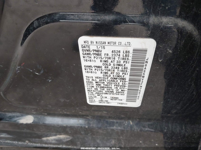 2015 Nissan Rogue VIN JN8AS5MV3FW756160 IAAI salvage auction — REAR END, Salvage - Greater Than 75% (Maryland), sold $25 on 2026-07-23 (photo 9)