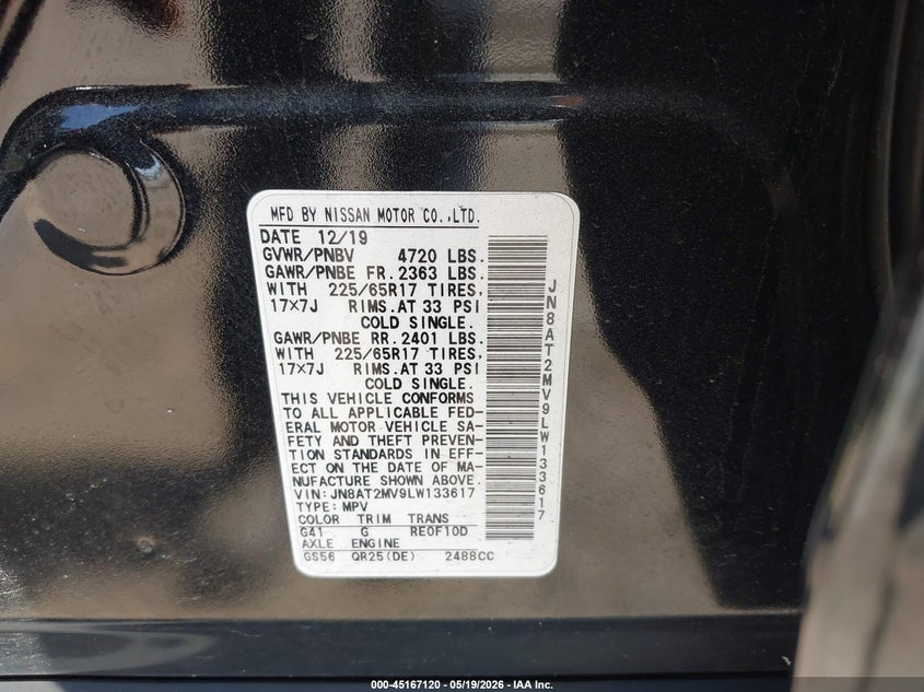 2020 Nissan Rogue VIN JN8AT2MV9LW133617 IAAI salvage auction — FRONT END, Salvage (Pennsylvania), sold $2,100 on 2026-07-11 (photo 9)