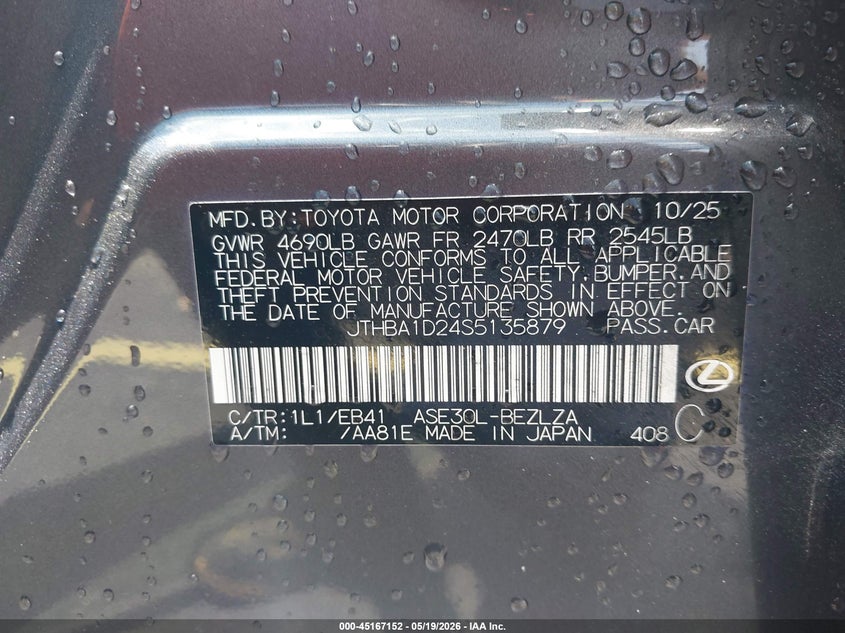 2025 Lexus Is VIN JTHBA1D24S5135879 IAAI salvage auction — LEFT SIDE, Rebuildable (Florida), sold $17,700 on 2026-07-30 (photo 9)