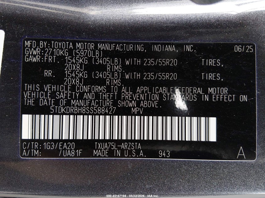 2025 Toyota Highlander VIN 5TDKDRBH8SS588427 IAAI salvage auction — ALL OVER, Salvage (Idaho), sold $10,100 on 2026-07-10 (photo 9)