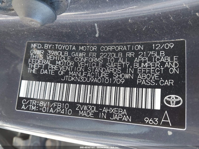 2010 Toyota Prius VIN JTDKN3DU9A0101709 IAAI salvage auction — LEFT REAR, Salvage (Illinois), sold $500 on 2026-07-14 (photo 9)