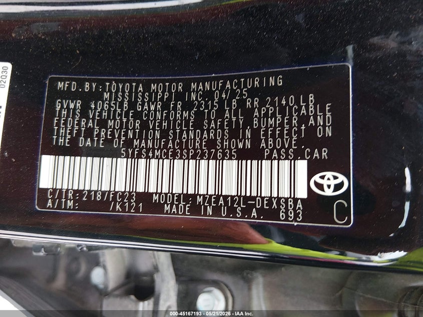 2025 Toyota Corolla VIN 5YFS4MCE3SP237635 IAAI salvage auction — REAR END, Salvage (Alabama), sold $5,550 on 2026-07-23 (photo 9)