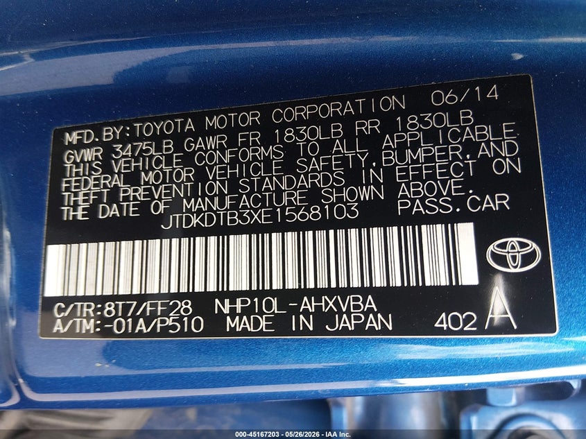 2014 Toyota Prius c VIN JTDKDTB3XE1568103 IAAI salvage auction — ROLLOVER, Salvage Title, sold $150 on 2026-07-21 (photo 9)