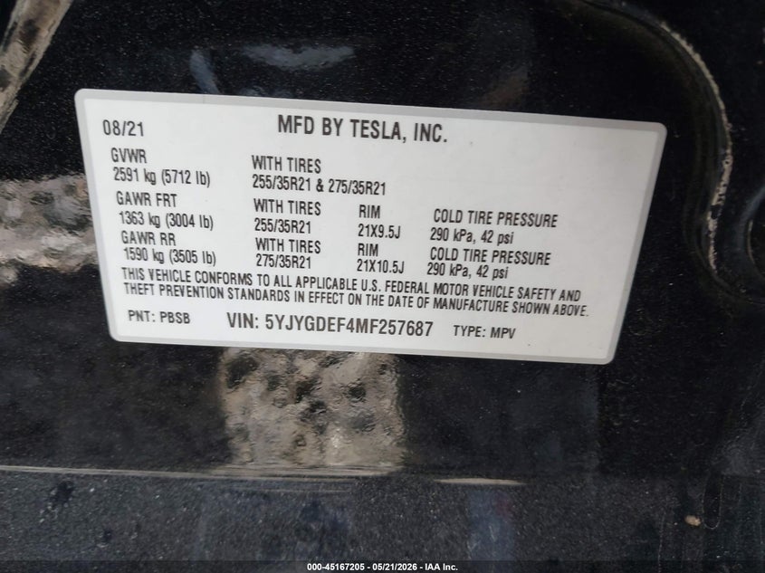 2021 Tesla Model y VIN 5YJYGDEF4MF257687 IAAI salvage auction — ALL OVER, Salvage (Georgia), sold $2,450 on 2026-07-28 (photo 9)