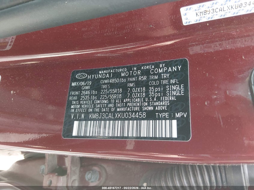 2019 Hyundai Tucson VIN KM8J3CALXKU034458 IAAI salvage auction — LEFT FRONT, Salvage (New Hampshire), sold $2,500 on 2026-07-22 (photo 9)