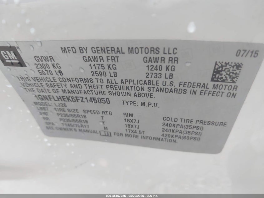 2015 Chevrolet Equinox VIN 1GNFLHEK6FZ145050 IAAI salvage auction — LEFT SIDE, Clear (Indiana), sold $975 on 2026-07-29 (photo 9)