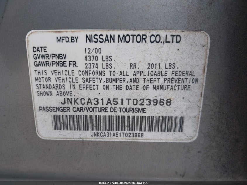 2001 Infiniti I VIN JNKCA31A51T023968 IAAI salvage auction — SIDE, Salvage (Georgia), sold $325 on 2026-07-22 (photo 9)