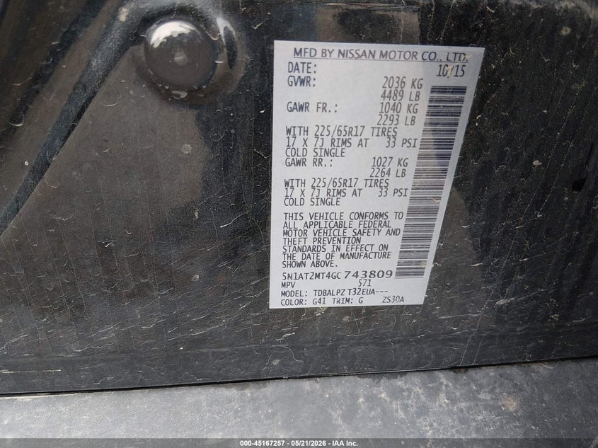 2016 Nissan Rogue VIN 5N1AT2MT4GC743809 IAAI salvage auction — HAIL, Clear (Kansas), sold $1,450 on 2026-07-10 (photo 9)