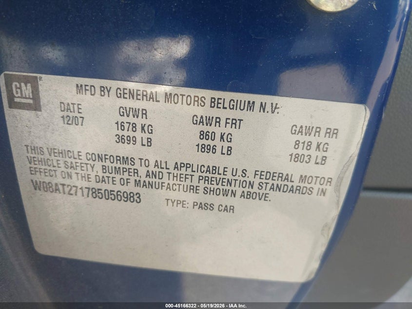 2008 Saturn Astra VIN W08AT271785056983 IAAI salvage auction — NORMAL WEAR, Repossession Paperwork (Georgia), sold $25 on 2026-07-15 (photo 9)