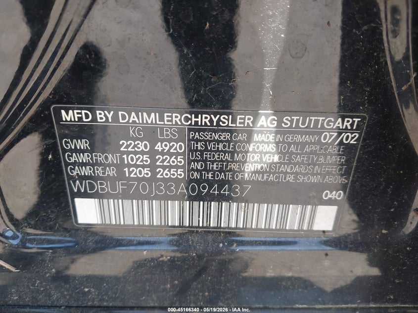 2003 Mercedes-benz E-class VIN WDBUF70J33A094437 IAAI salvage auction — NORMAL WEAR, Repossession Paperwork (Georgia), sold $300 on 2026-07-22 (photo 9)