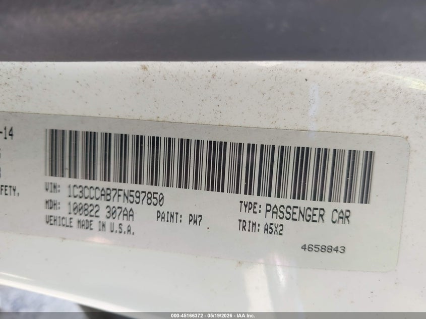 2015 Chrysler 200 VIN 1C3CCCAB7FN597850 IAAI salvage auction — NORMAL WEAR, Clear (Florida), sold $350 on 2026-07-09 (photo 9)